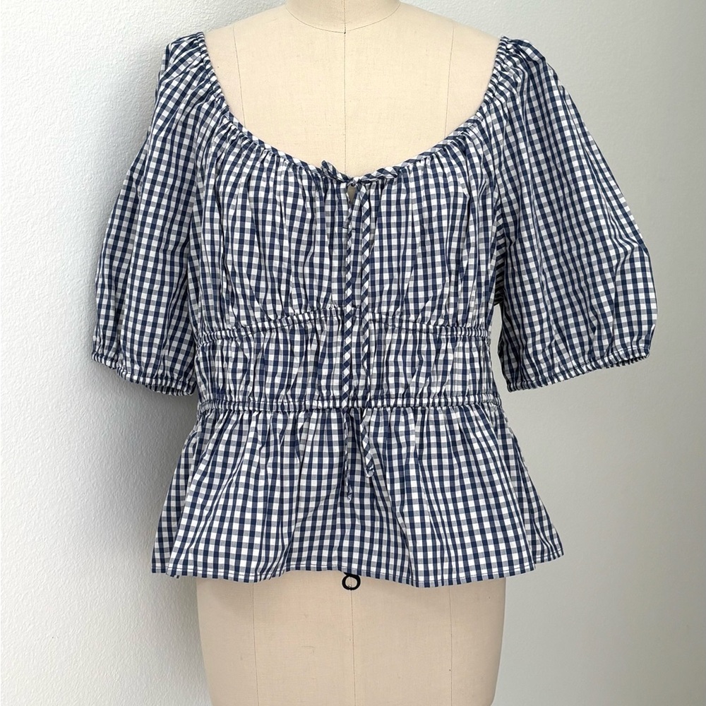 Gap Factory Puff Sleeve Cinched-Waist Top NWT Cotton Blue & White Gingham XL - Picture 2 of 8